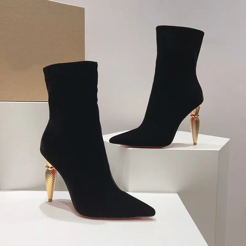 Veet Tobillo Metal Tacón alto Botas con cremallera Punta puntiaguda Zapatos de vestir de fiesta Diseñador de mujer Zapatos de fi