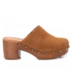 Zueco de tacón y plataforma para mujer en piel cuero